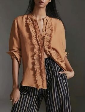 Anthro Pilcro Linen Ruffled Button Up Terracotta Orange Top, M